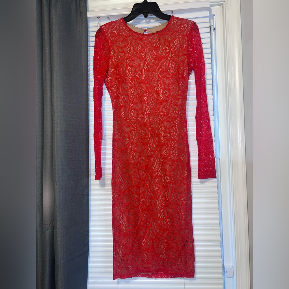 Bardot Vibrant Red Long Sleeve Lace Dress